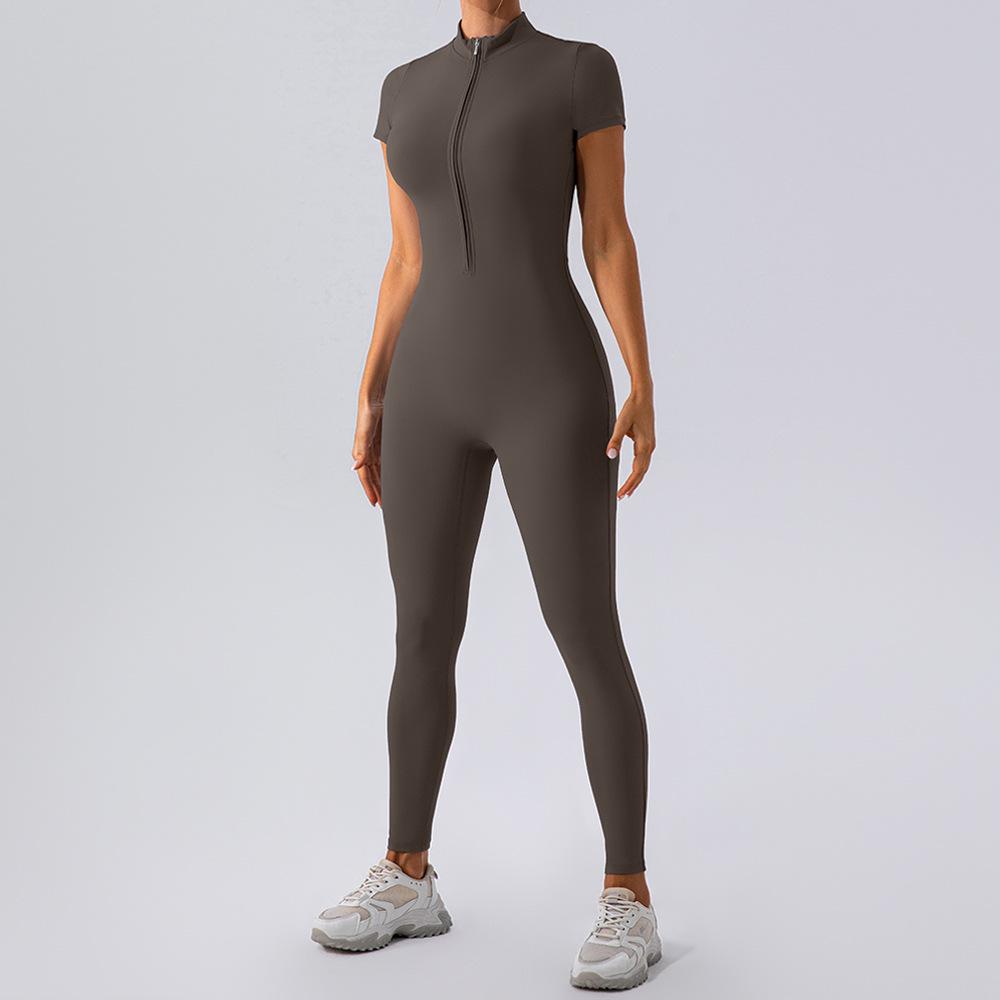 European & American Nude Feel Short Sleeve Yoga Jumpsuit - Women's Fitness Bodysuit with Zipper & Long Pants
