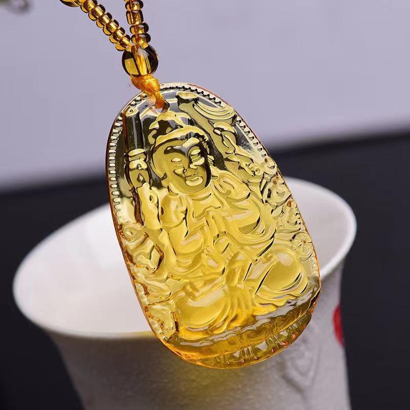 Yellow Crystal Necklace Long Sweater Chain Manjushri Pendant Amitabha Pendant Unisex Gift