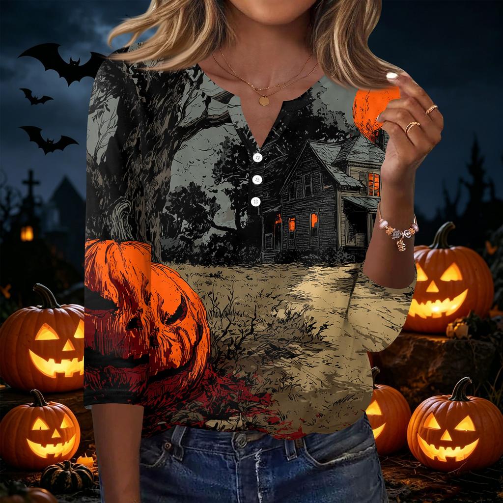 Women's Casual Halloween Print V Neck Button Front Three Quarter Sleeve T Shirt Top Lightweight Soft Fabric Comfortable Fit