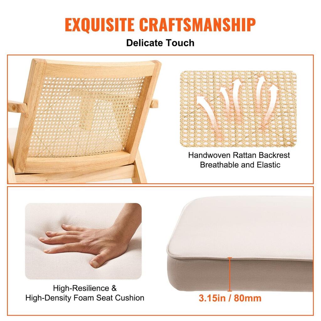 Rattan Chair, Mid Century Modern Dining Chair with Armrest, Upholstered Chair with Rattan Back, Retro Rattan Dining Room Kitchen Chair for Living