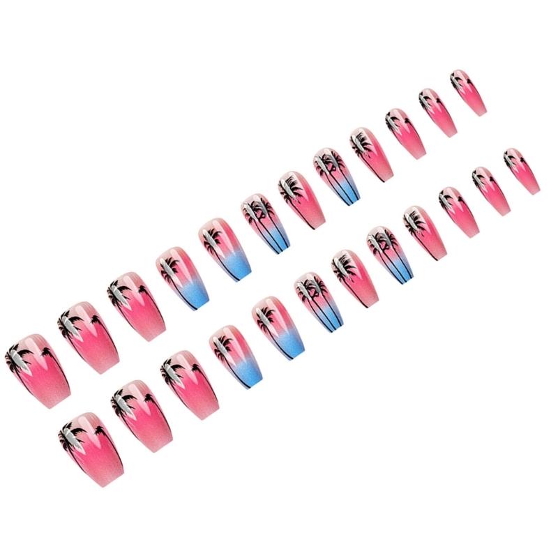 24pcs Medium Length Summer Press on Nail Full Cover False Nail with Seaside and Coconut Tree Designs