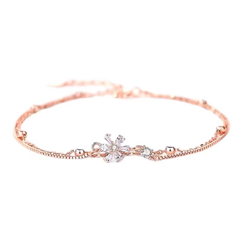 2022 Korean Double Layer Cherry Blossom Sparkling Diamond Bracelet - Light Luxury Gift for Women