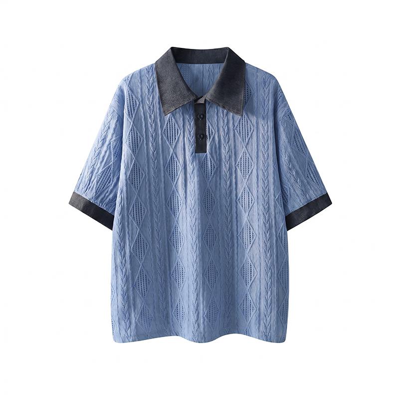 Personalized Top With Retro Rhombus Texture And Contrasting Color POLO Collar Top