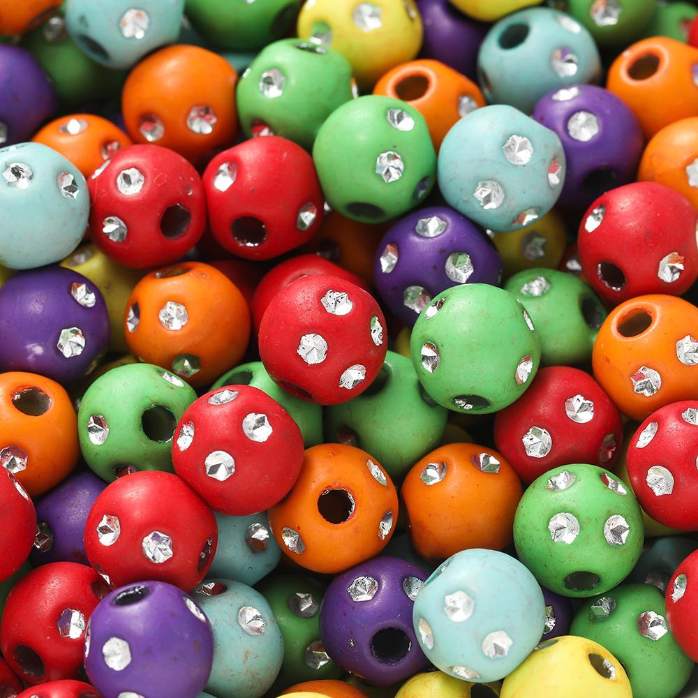 50/100Pcs 8/10mm Round mixed Colorful Acrylic Beads With Crystal Rhinestone Spacer Loose Bead for DIY Jewelry Making Accessorie