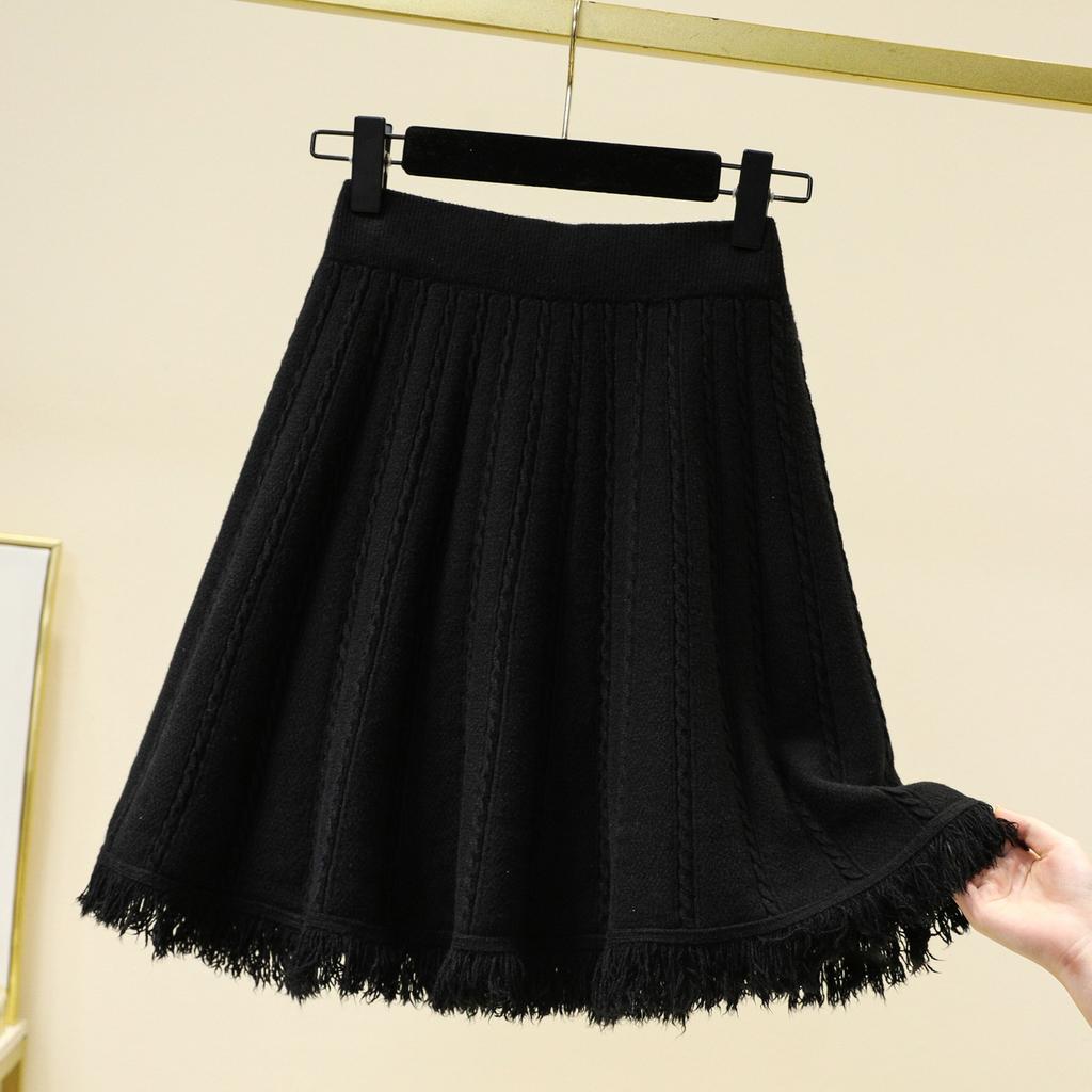 Large Size Women's Winter Fat Mm Elastic High Waist Slimming A-line Skirt Covering Belly and Age-reducing Knitted Half-body Skirt