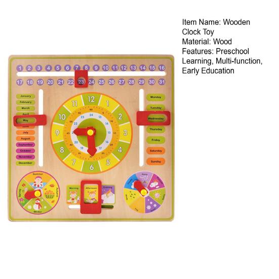 Kids Wooden Clock Toy Time Date Month Weather Season Preschool Learning Multi-function Portable Toddlers Early Educational Clock Toy