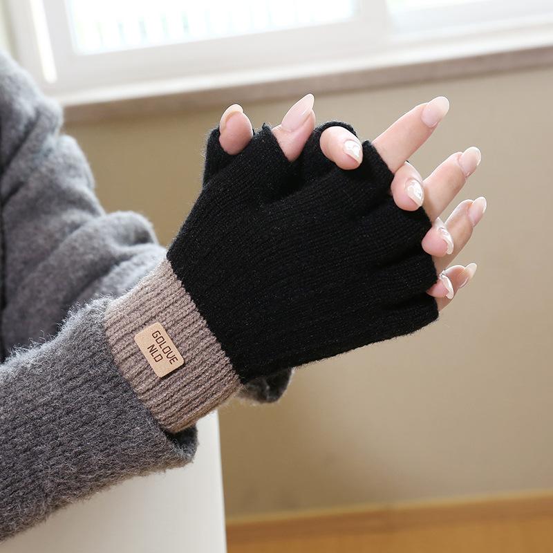 Half finger flip gloves winter ladies cute fleece cold-proof warm wool knitted autumn and winter dew fingers