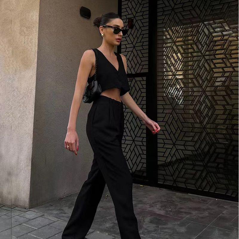 Fashion Summer Pure Color V-neck Midriff-Baring Vest Pants Suit Short Tank Top and Pants Set