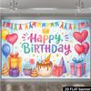 2D Watercolor Happy Birthday Backdrop with Cupcake and Balloons Party Banner