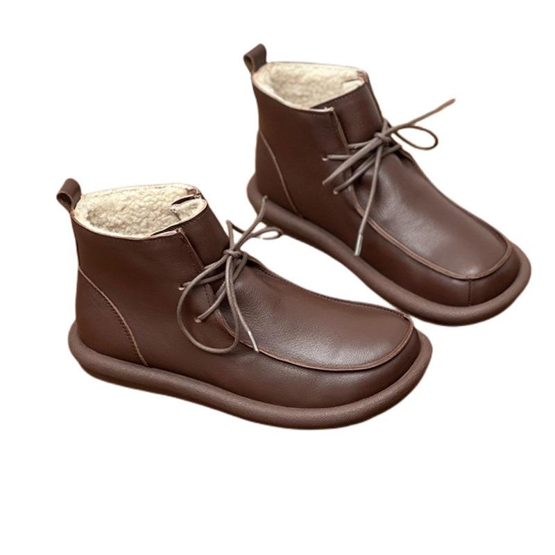 Echte Lederstiefel aus Baumwolle, handgefertigt, Vintage, runde Zehenpartie, flache Unterseite, warme Stiefel aus Rindsleder