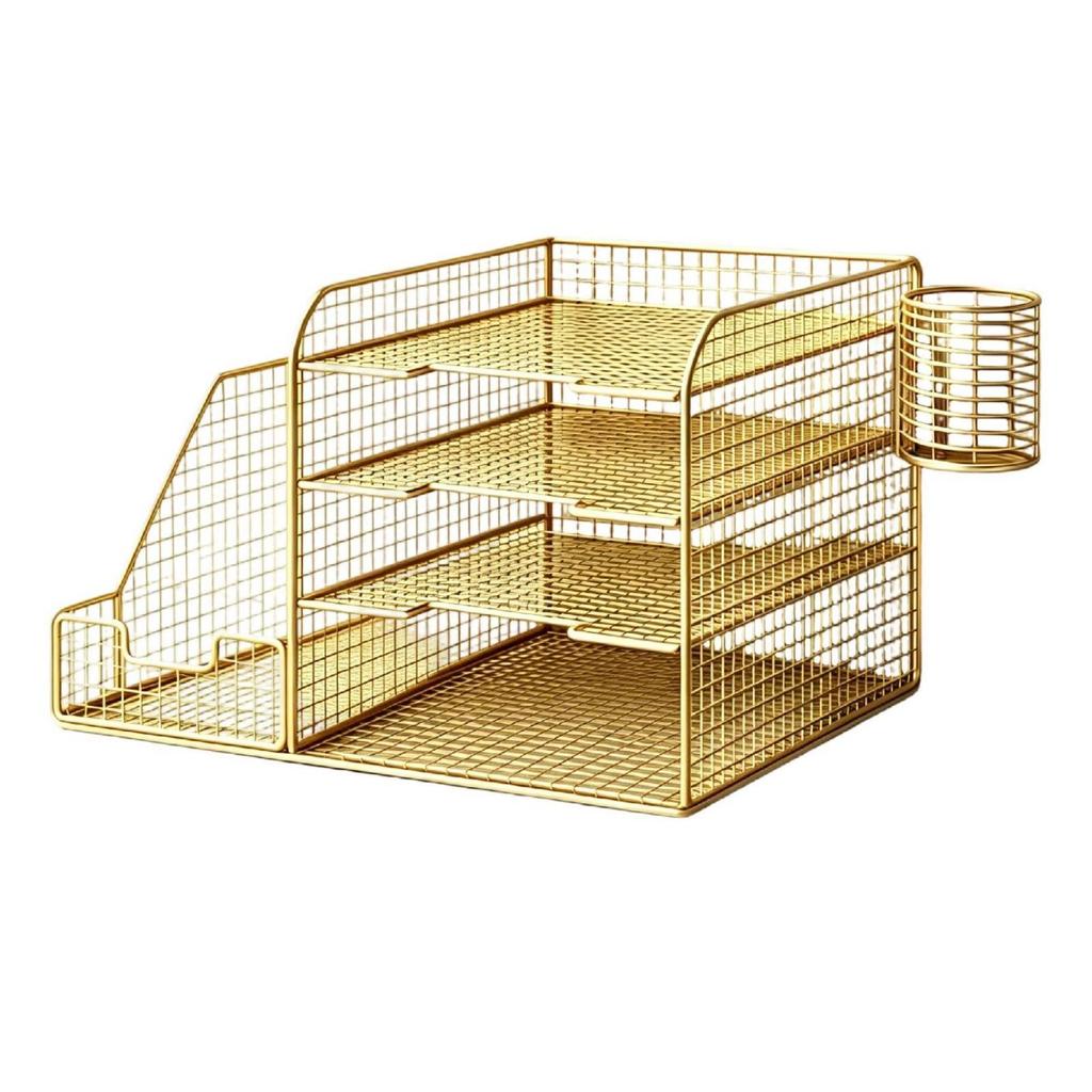 Desktop File Organizer with Pen Holders Wire Paper Sorter Metal for Office