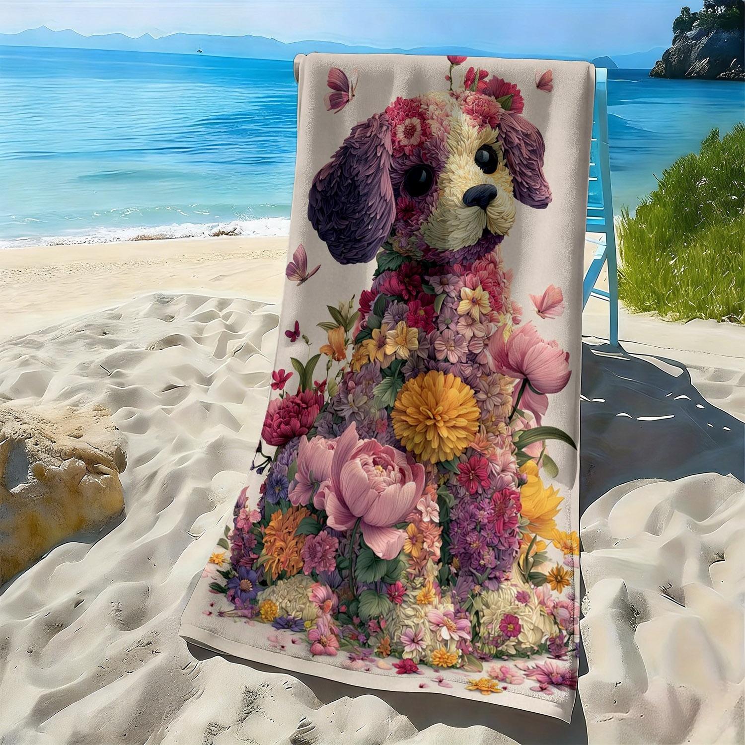 

Colorful flower and puppy pattern polyester microfiber beach towel is highly absorbent, suitable for swimming and beach outings W40*H60(CM)
