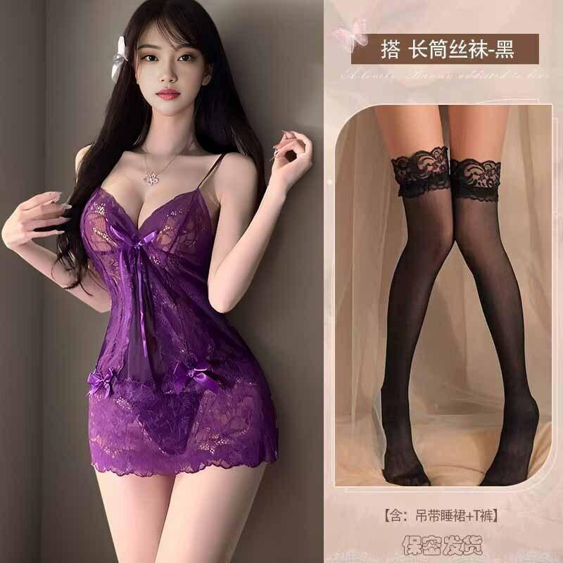 Purple Sweet Tank Mini Dress Sexy V Neck Sex Transparent Sleeping Pure Desire Charm Lace Strap Pajama Dress Elegant X7TY