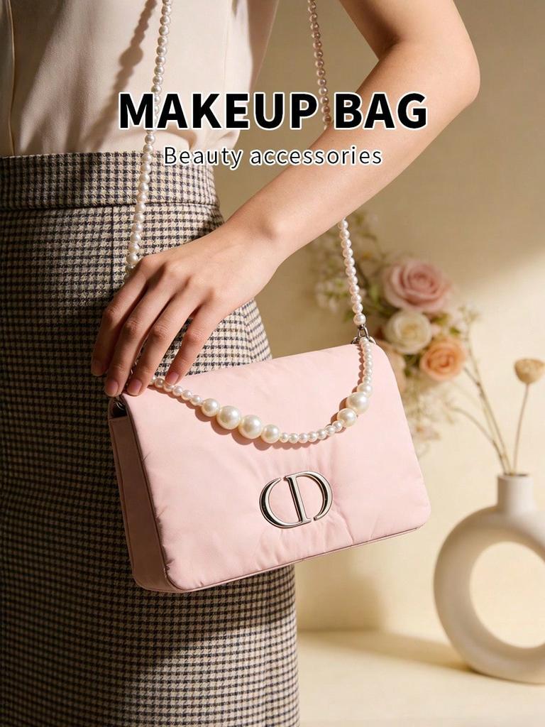 Dior DIY kosmetická taštička, přenosná růžová úložná taštička na kosmetiku s řemínkem na perlový řetízek, velkokapacitní cestovní organizér na kosmetiku pro ženy