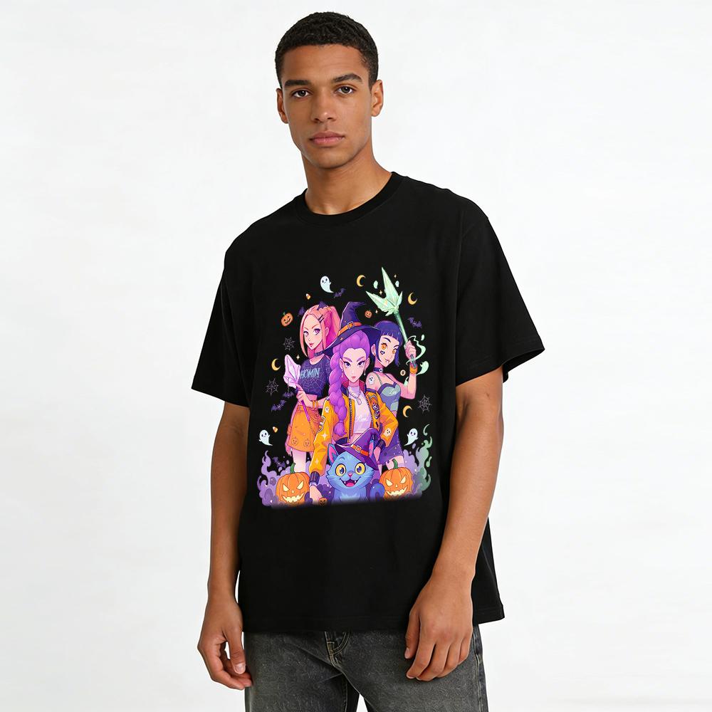 Halloween Themed Anime Girls Print T-shirt Casual Loose Fit Crewneck Top For Daily Wear Pure cotton T-shirt