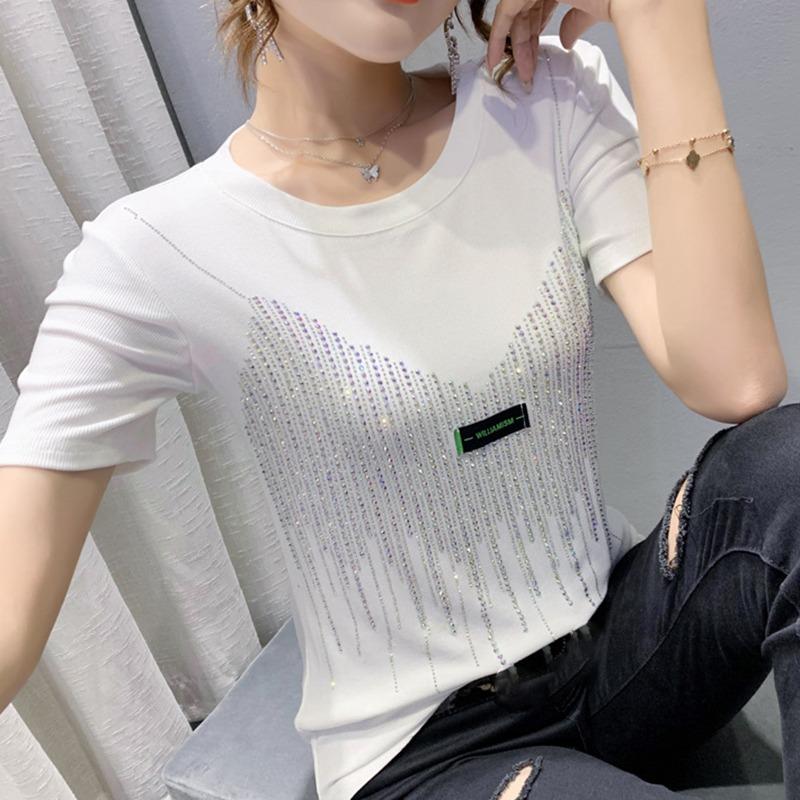 Women Casual Solid Color O-Neck Letter Labels T-shirt Summer Diamond Short Sleeve Shirts Fashion Streetwear Tees Top