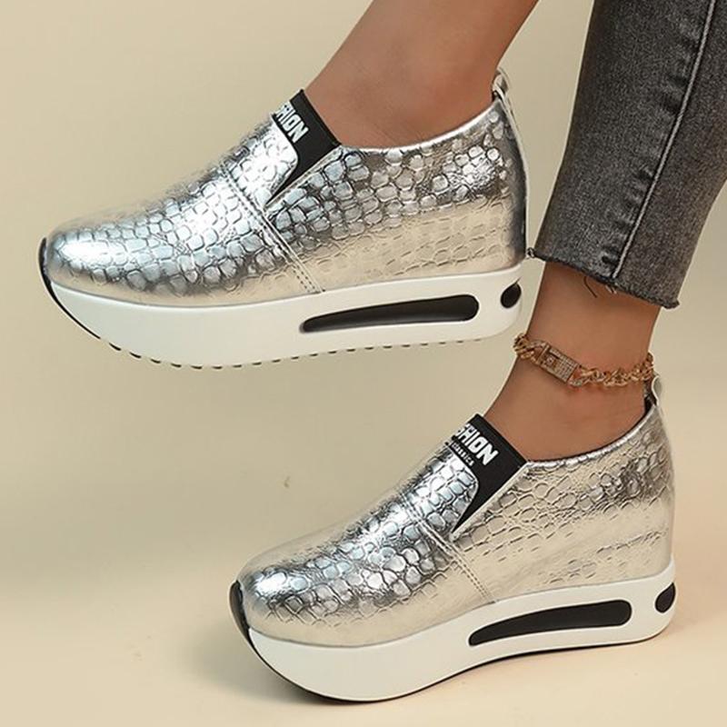 Fashion Elegant Silver Pu Leather Platform Sneakers Women Letter Print Slip On Casual Shoes Foe Woman Lightweight Vulcanize Shoes Mujer