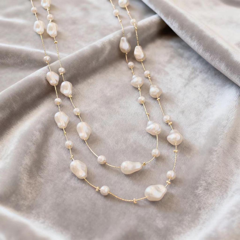 French Pearl Layered Sweater Chain: Women's High-End Starry Necklace for Chic Style