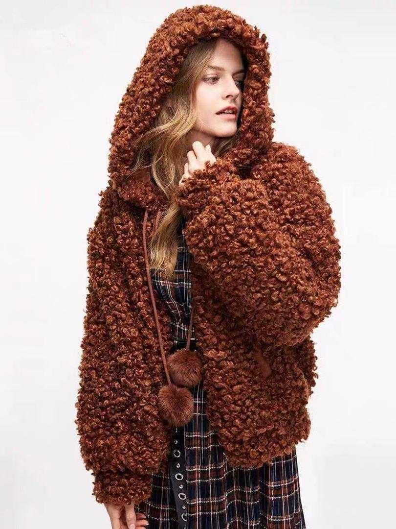 

2024 новая куртка из гранулированной овечьей шерсти женская круглая меховая куртка с капюшоном из утолщенного искусственного меха