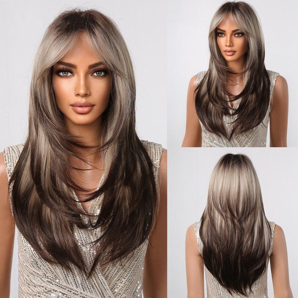 ALAN EATON Schwarz-rosa Ombre-Synthetik-Perücken für schwarze Frauen, lange geschichtete gerade Perücke, gemischte Farben, Cosplay-Haar, hohe Temperatur