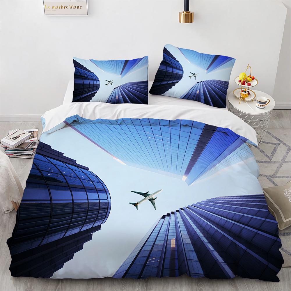3D Flygplan Kung Drottning Påslakan Rosa Passagerarflygplan Sängkläder Set För Vuxna Himmel Hav Naturlandskap 2/3 st Polyester Täcke