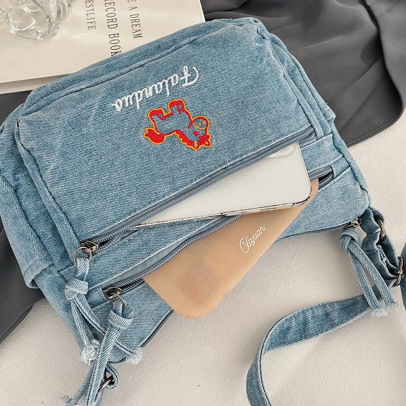 Cute Horse Embroidered Denim Crossbody Bag Multi Pocket Casual Shoulder Bag for Women