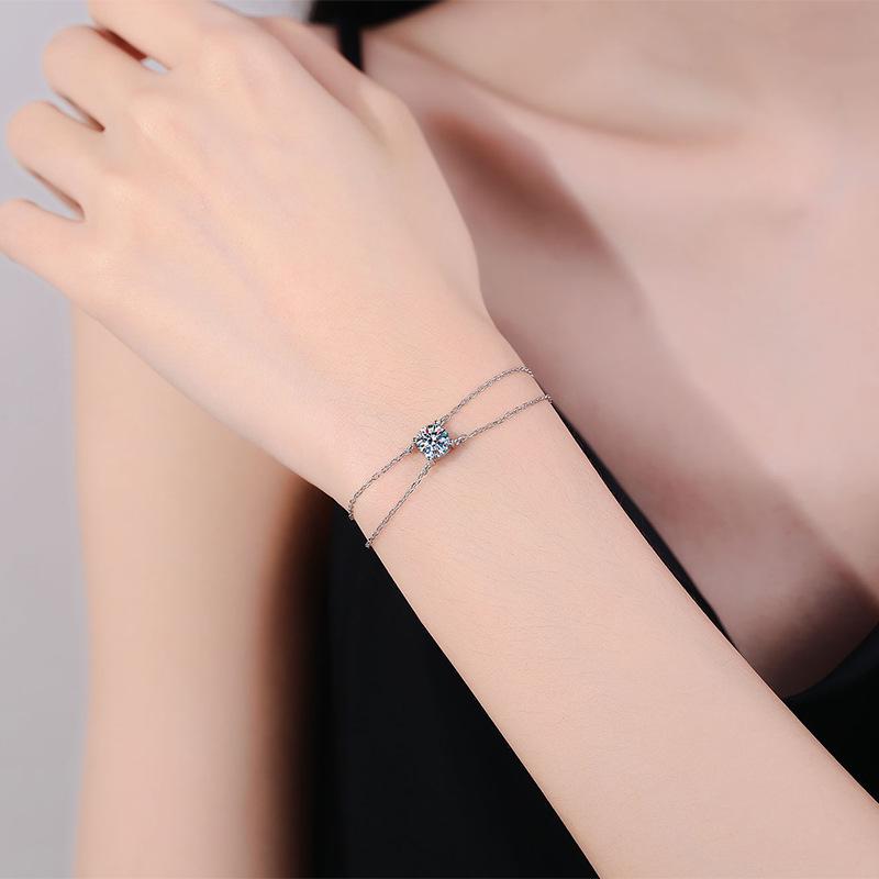 Women's Double-Layer Light Luxury Moissanite Bracelet In S925 Sterling Silver, Featuring a Four-Prong 1-Carat Moissanite Stone.