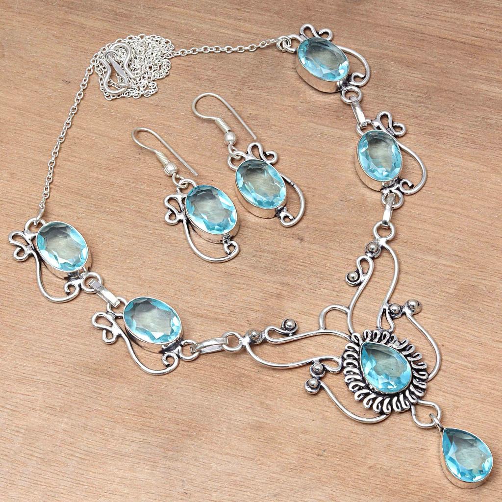 Swiss Blue Quartz Gemstone Handmade Jewelry Necklace & Earrings 18-20''