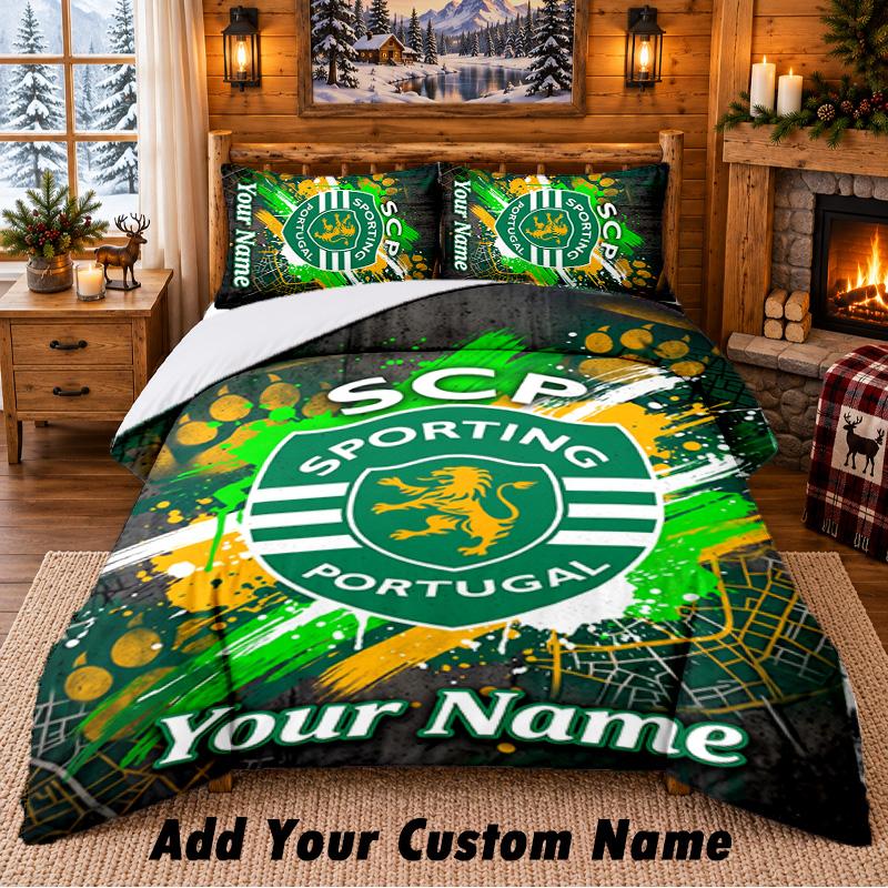 Set de așternut 3 piese cu model Sporting CP Nume personalizat, Cearșaf și Fețe de pernă Pentru Dormitorul de Acasă