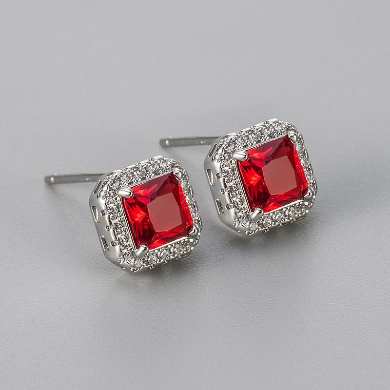 Classic Luxury Shining Zircon Square Color Imitation Gemstone Stud Earrings for Women Trendy Exquisite Stainless Steel Jewelry