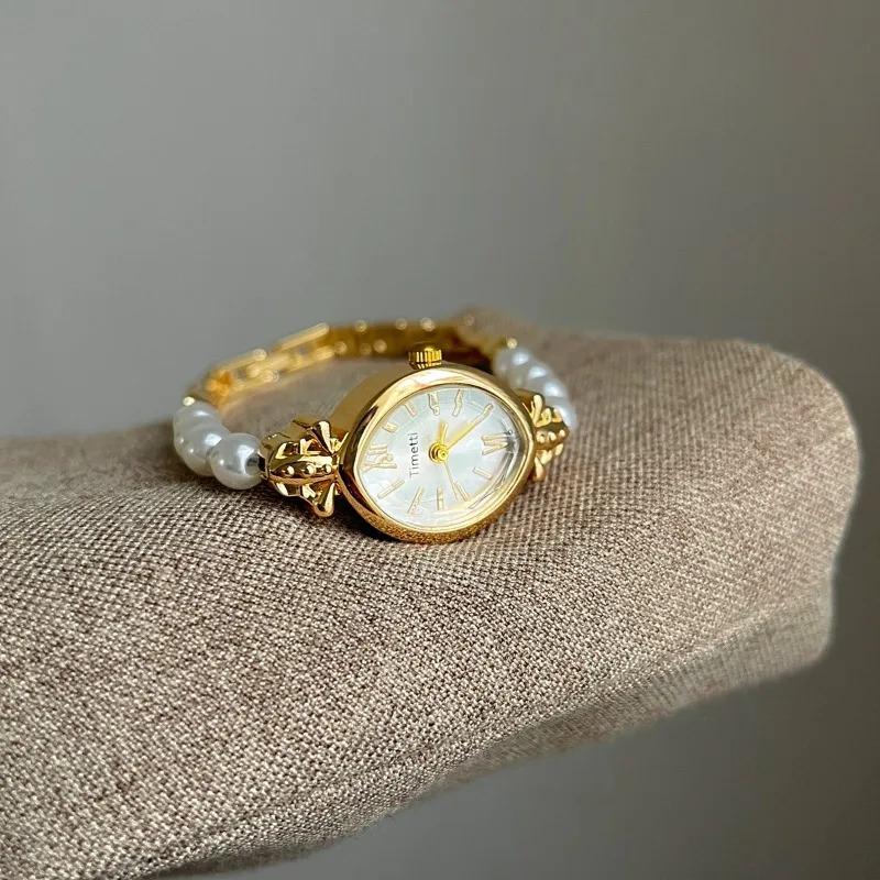 New Retro Gold Small Roma Dial Women's Watch Y2K Luxury Design Pearl Girl Bracelet Watches Elegant Ladies Quartz Wristwatch Gift