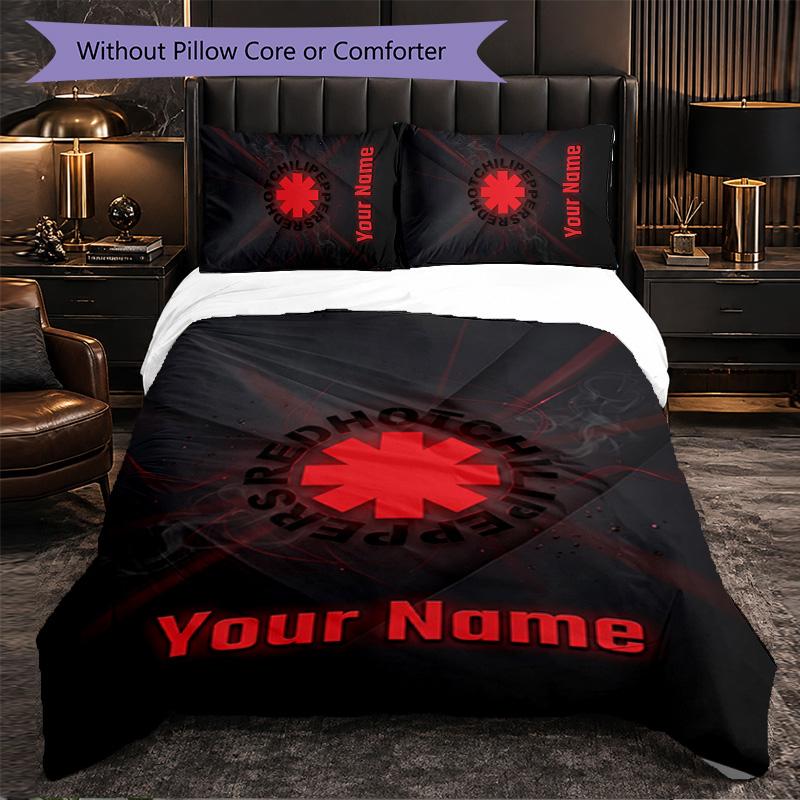 Red Hot Chili Peppers Customized Name Text Bedding Set, 1 Duvet Cover & 2 Pillowcases Personalized Bedroom Gift