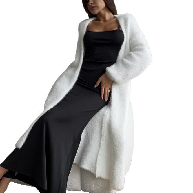 Damen Übergröße Weißer Faux-Mink-Cardigan - Weicher, lockerer, gestrickter Mantel für Herbst & Winter