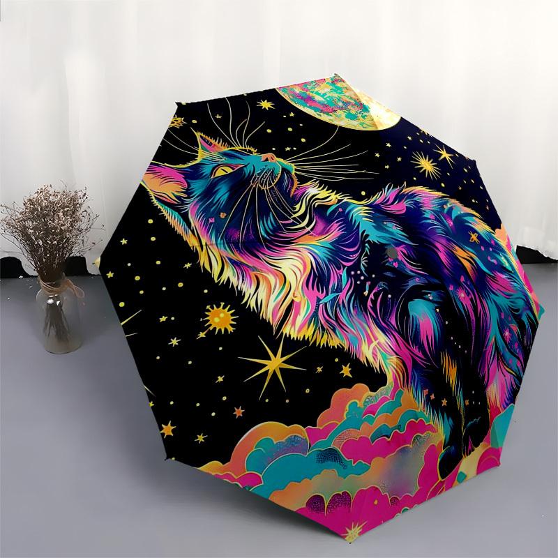 1pc Colorful Cosmic Cat Automatic Folding Umbrella - Portable 3-Fold Design with 8-Bone Iron Frame, Perfect for Outdoor Use, Festive Gifts, Travel, Da