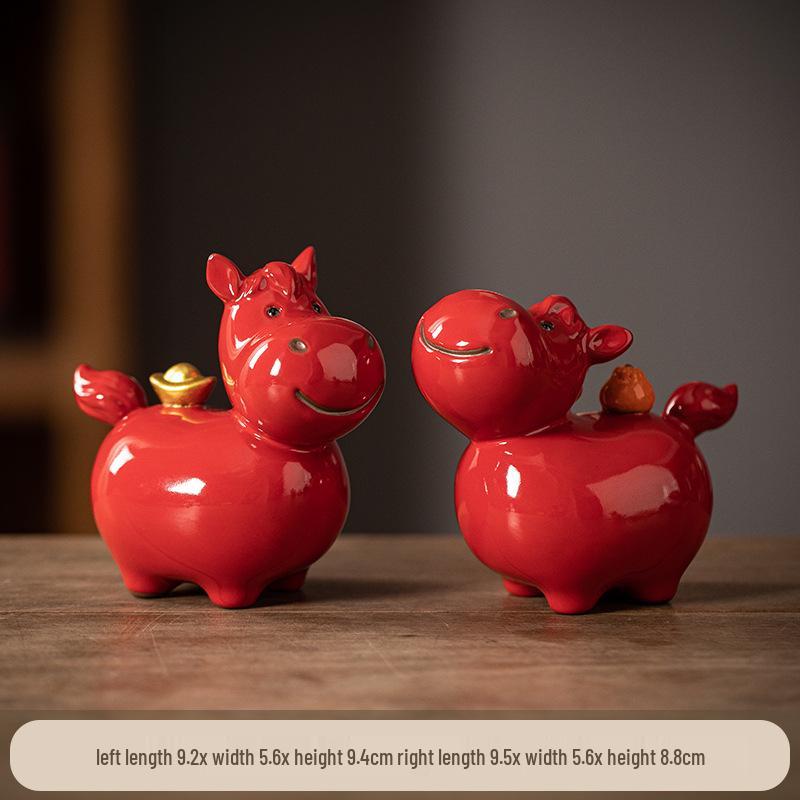 Coppia di Figure di Cavallo in Ceramica Rossa Tang - Mascotte Anno Zodiacale Arredo Tavolo