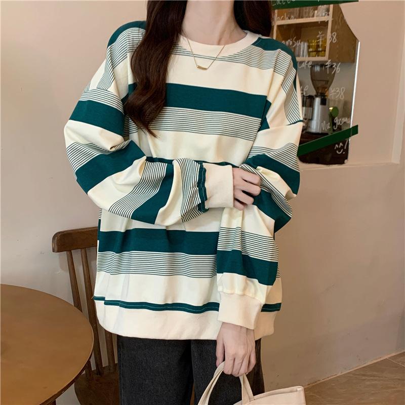 Women's Autumn And Winter Striped Contrasting Loose Long Sleeved T Shirt Thin Round Neck Sweatshirt