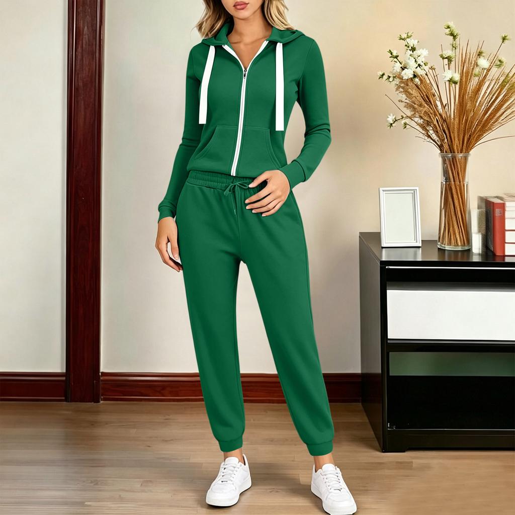 Damski casualowy dres Rozpinana bluza z kapturem na zamek błyskawiczny ze sznurkiem i szerokie spodnie dresowe z otwartym dołem