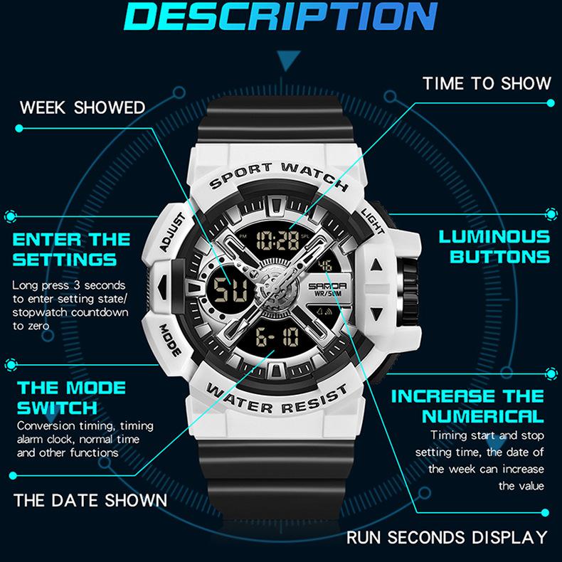 SANDA new multifunctional men's youth outdoor sports waterproof wrist watch