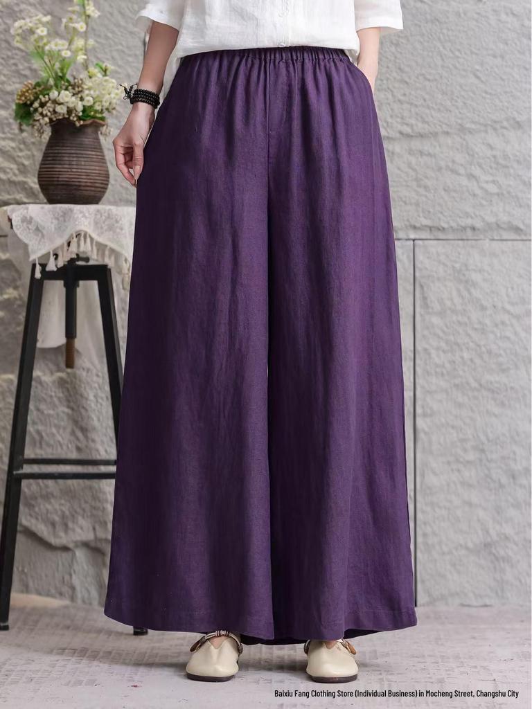 Women's 2026 Summer Linen Wide-Leg Pants: Solid Color, Loose Fit, Large Size, Casual Fashion