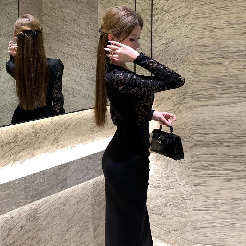 French Sexy Lace Splicing Ruffle Edge Slim Dress Women