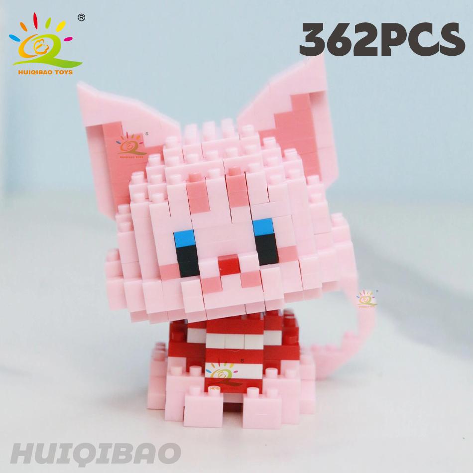 HUIQIBAO Cute Cat Micro Model Building Block Kids Mini Pets City Cartoon Animal Diamond Bricks Educational Toys Children Gift