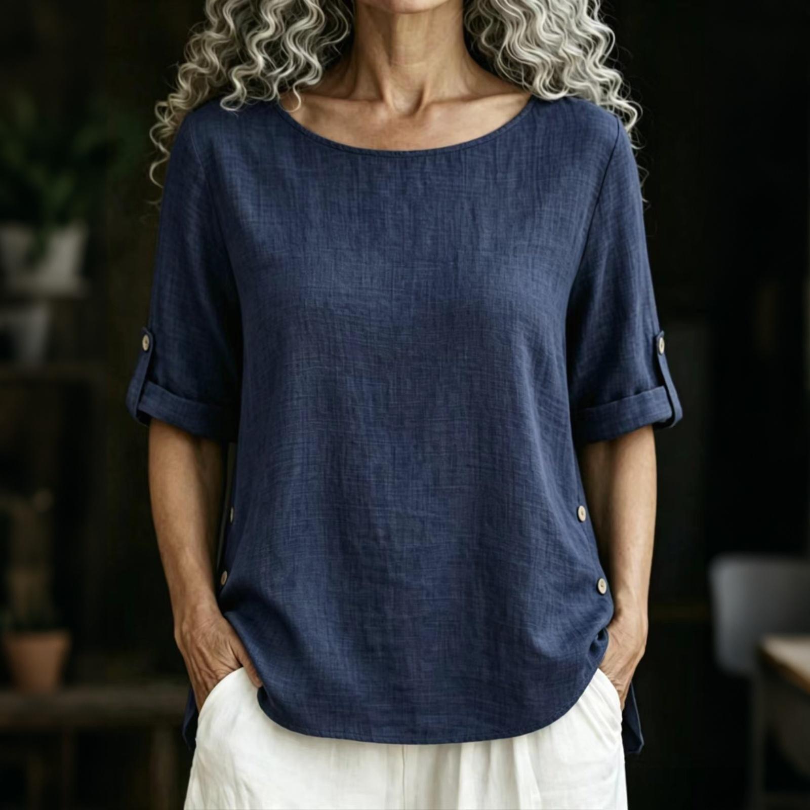 

Women Cotton Linen Round Neck Half Sleeve Loose Fit T Shirt with Button Detail Casual Pullover Top for Daily Wear XL Темно-синій