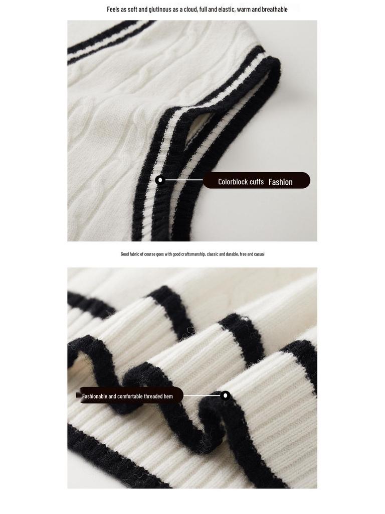 Men's College-Style 100% Wool Knitted Vest, Autumn/Winter Cable Knit, Contrasting Colors, Thickened Sleeveless Design