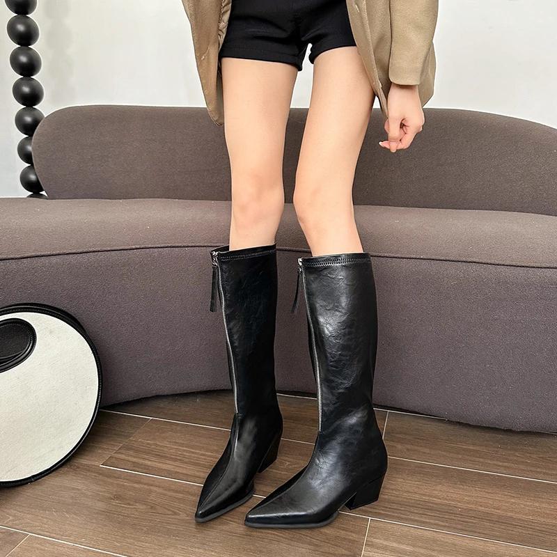 Fashion Winter New Thick Heel Cotton Boots Women's Fashion Pointed Front Zipper Anti-slip Wear-resistant High Boots