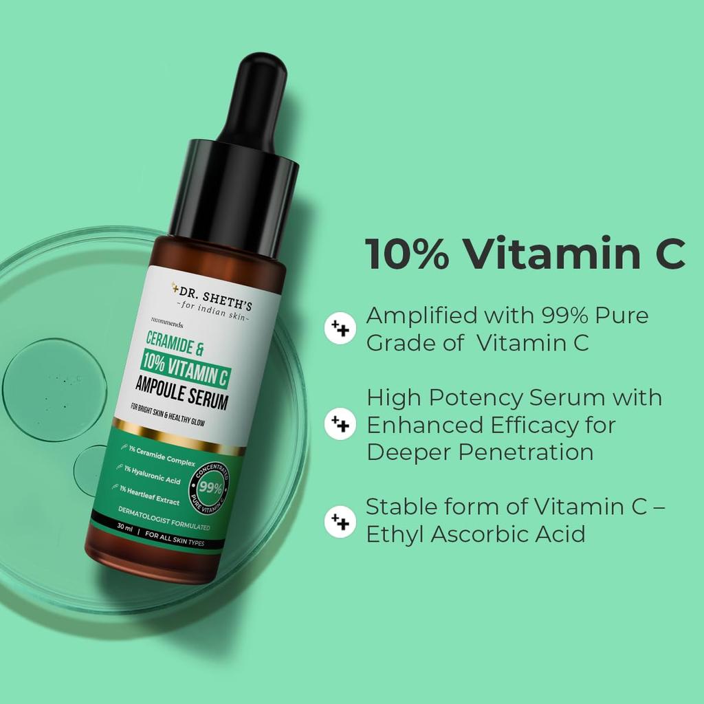 Dr. Sheth's Non-Irritating Ceramide & 10% Vitamin C Serum 30 ml | Brightens Skin & Reduces Dark Spots