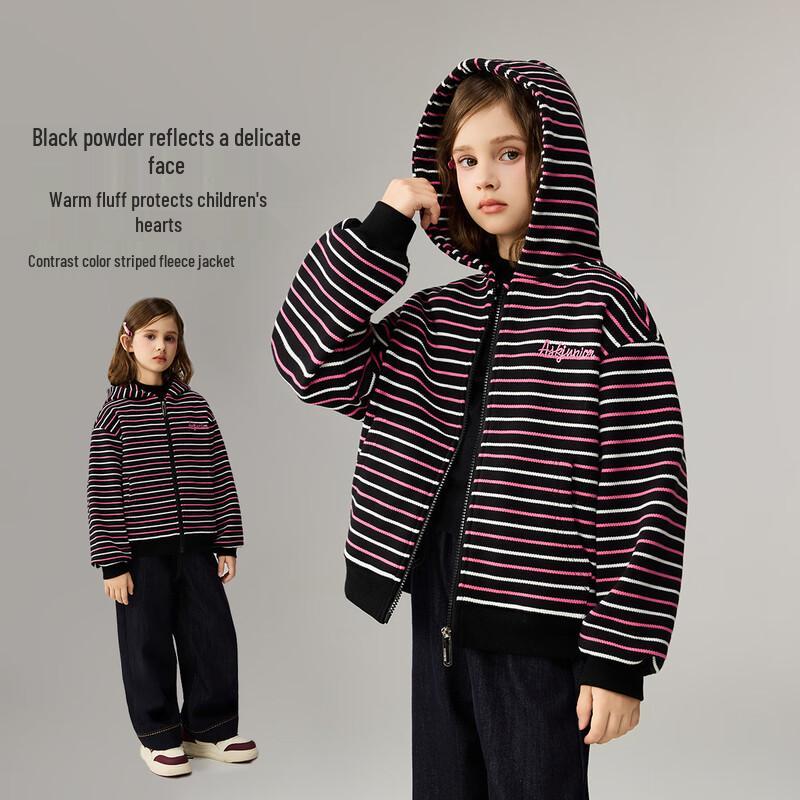 ASK JUNIOR Girls Striped Color-block Hooded Fleece-Lined Sweatshirt 170