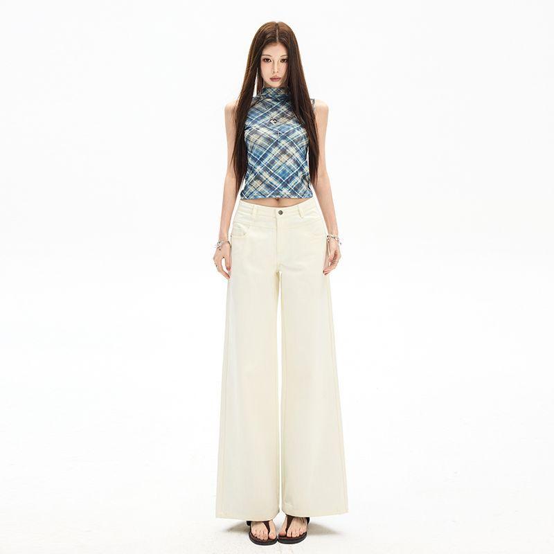 Spring Summer Off White Casual Relaxed Wide Leg Flare Denim Pants For Women Casual Pants Oversize Denim Trousers