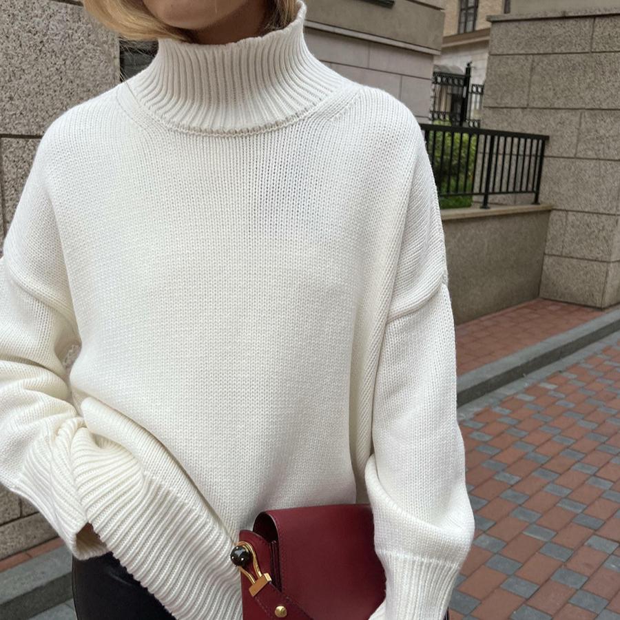 GMXIA Women's Semi-High Neck Sweater Autumn and Winter Commuter Solid Colour High Neck Knit Pullover Sweater