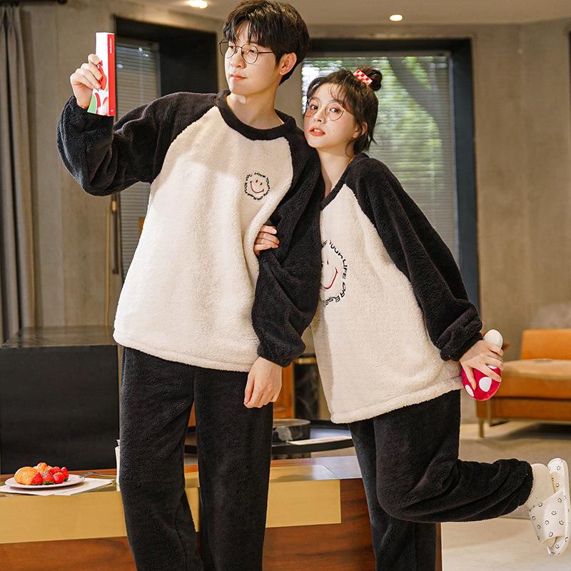 Couples' Cozy Flannel Pajama Set: Women's Plus Velvet, Men's Loose Fit, Warm Coral Fleece Homewear