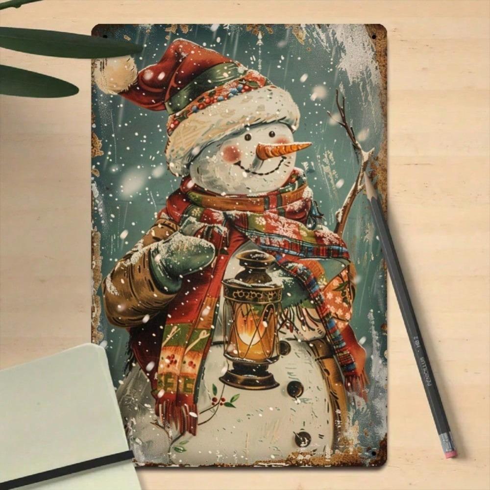 2D Flat 12x8 Inch Vintage Christmas Snowman Metal Tin Sign Rustic Wall Plaque Durable Farmhouse Decor for Living Room Coffee Shop Garage Garden